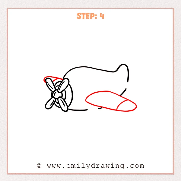 how to draw a cartoon airplane - Cartoon airplane sketch with a rounded wing added under the fuselage and a small curved detail above the propeller.